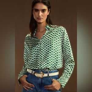 Cynthia Rowley Illusion Geometric Green and White Patterned Women’s Silk Blouse